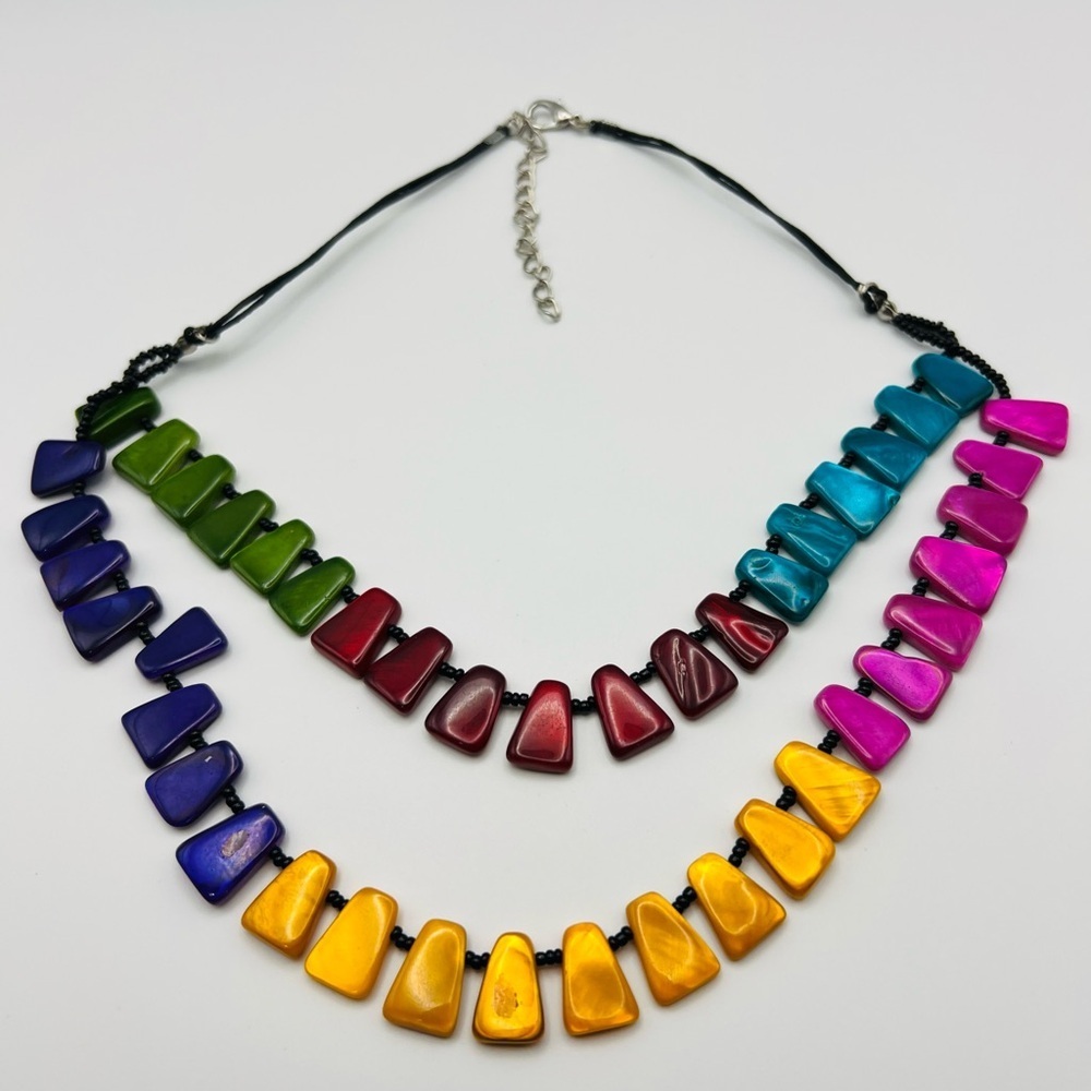 Rainbow Statement Necklace Multicolor Shell Beads Layered - Picture 2 of 3